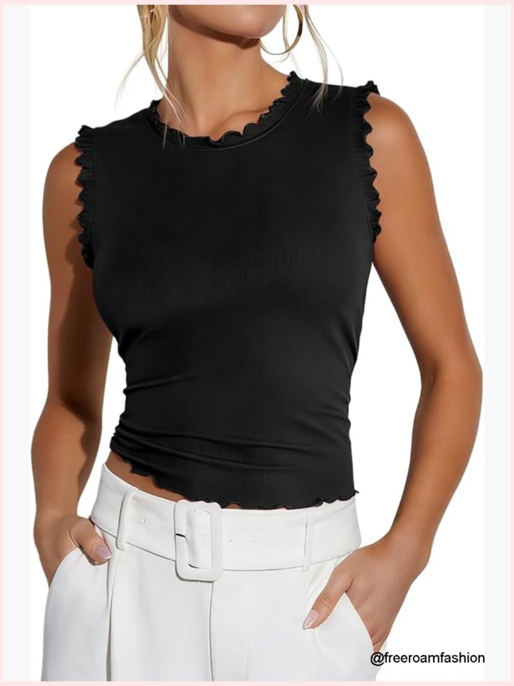 Women's Ribbed Knit Sleeveless Crop Tank Top Summer Ruffle Shirt